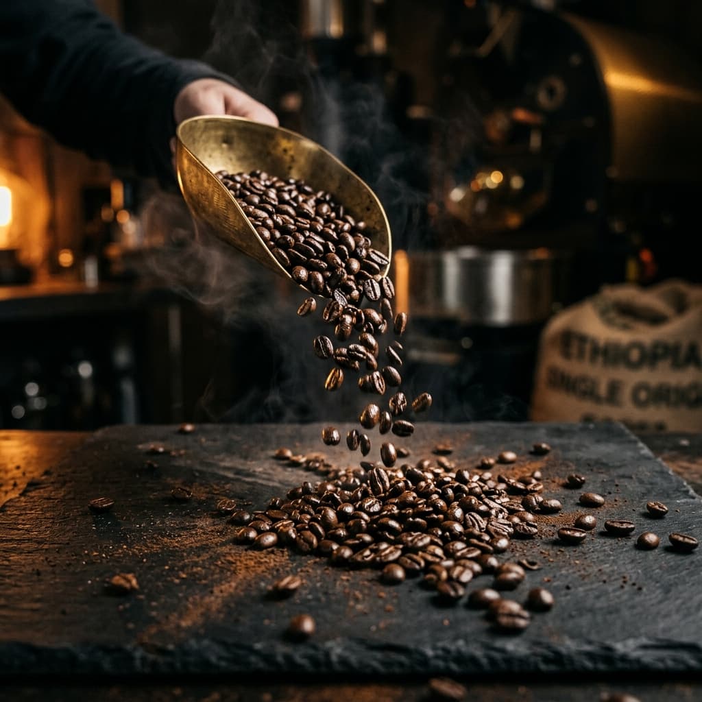 Freshly roasted specialty coffee beans poured from a brass scoop
